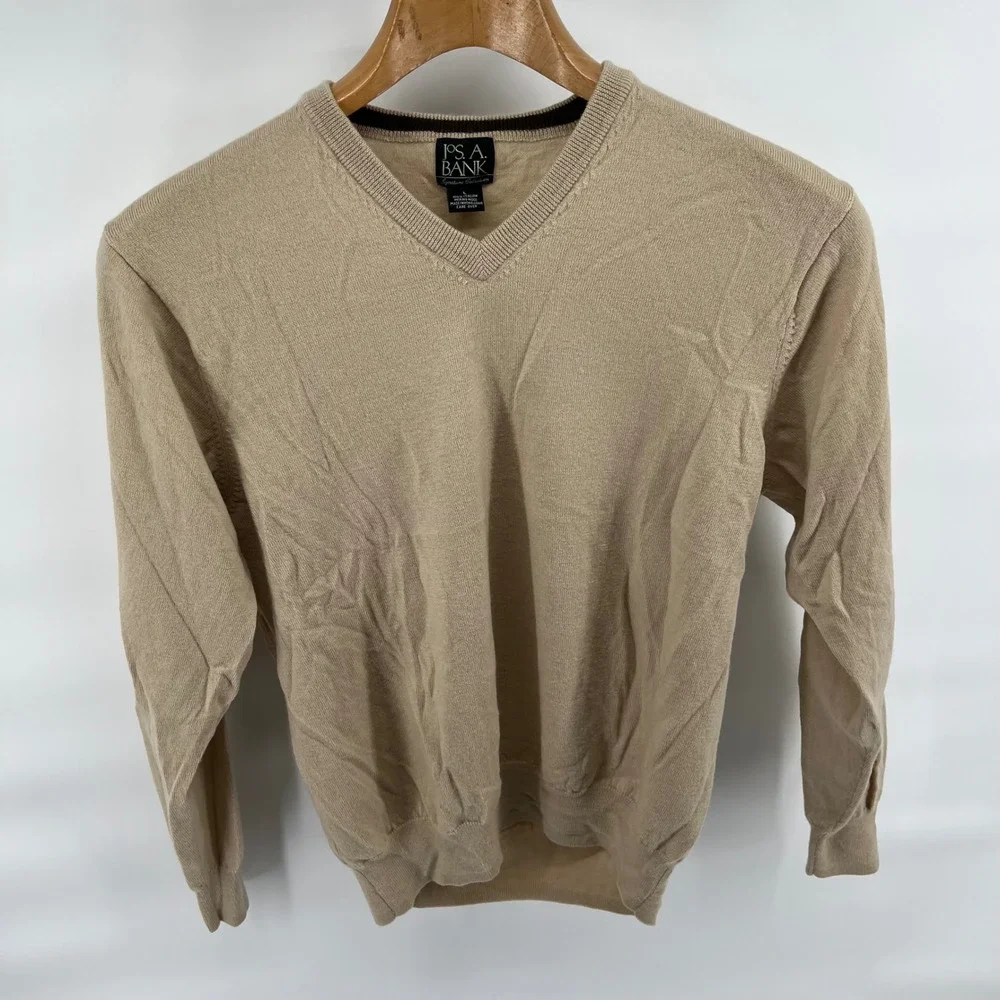 JO S A BANK Mens V Neck Sweater L 100% Italian Merino Wool Beige Long Sleeve - Picture 2 of 7